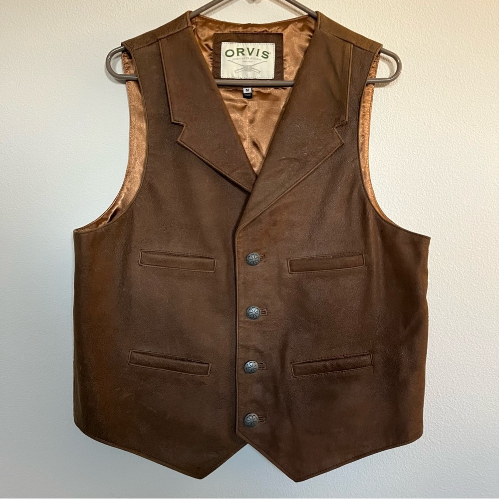 Orvis Mens Vintage Brown Leather Vest Size Medium